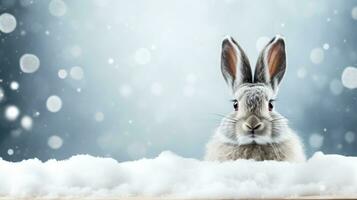 Snow hare on snow background with empty space for text photo
