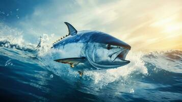 Tuna jumping out of the ocean background with empty space for text photo