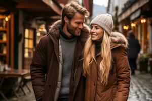 Couple taking a leisurely stroll through a snowy village both in cozy sweaters photo