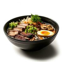 Miso Ramen in black bowl side view isolated on white background photo