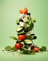 Stack of balancing greek salad isolated on vivid background with a copy space, creative concept photo