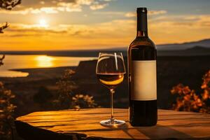 Vineyard tasting Wine bottle and glass with scenic backdrop photo