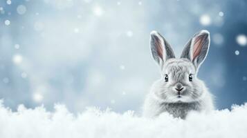 Arctic hare on snow background with empty space for text photo