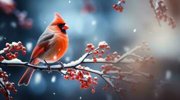 Red cardinal on snow background with empty space for text photo
