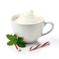 Peppermint white hot cocoa in a white cup isolated on white background photo