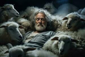 Old man tries to sleep and counting sheep in the bed photo