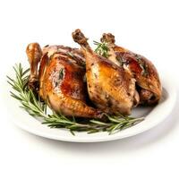 Savory and tender roasted quail with thyme and garlic isolated on white background photo