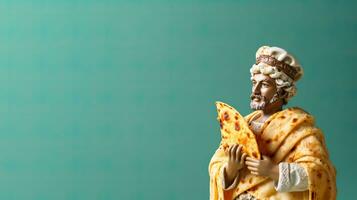 Art sculpture of ancient Italian from marble with pizza isolated on a pastel background with a copy space photo