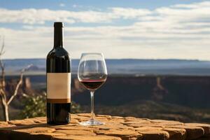 viñedo saboreo vino botella y vaso con escénico fondo foto