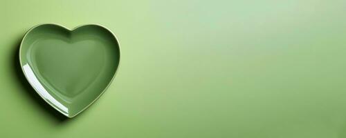 Vivid heart green plate isolated on green background with a copy space, top view photo