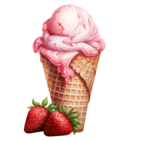 Watercolor Cute Icecream Strawberry AI Generative png