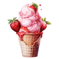 Watercolor Cute Icecream Strawberry AI Generative png