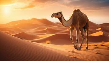 Camel Walking in the Desert AI Generated photo