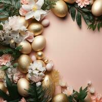 Golden Easter eggs in assorted floral AI Generated photo