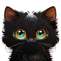 Black cat with big eyes, long fur, cute png