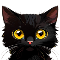 Black cat with big eyes, long fur, cute png