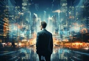 A Double Exposure of a Businessman in the Cityscape Embodies Success and Future Plans photo
