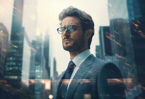 A Double Exposure of a Businessman in the Cityscape Embodies Success and Future Plans photo