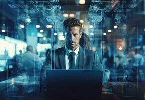 double exposure photo of a business man using laptop on his desk front view office background