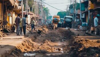 Workers are working on the new road construction photo