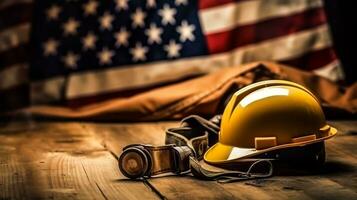 americano bandera con la seguridad casco y herramientas en de madera antecedentes. labor día concepto, generativo ai foto