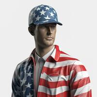 Man wearing a cap with the American flag on his face. labor day concept, Generative ai photo