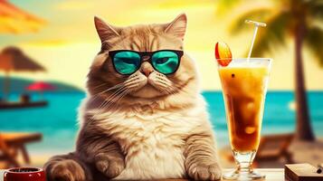 Cute cat wearing sunglasses and drinking cocktails on the beach. photo