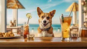 perro en Gafas de sol con cóctel en el playa. verano vacaciones concepto. foto
