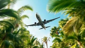 Airplane flying in the blue sky over palm trees photo