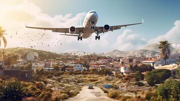 Airplane flying in the blue sky over palm trees photo