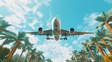 Airplane flying in the blue sky over palm trees photo