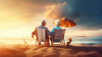 Senior couple sitting on the beach at sunset photo