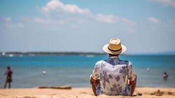 espalda ver de un hombre en un Paja sombrero y Gafas de sol sentado en un silla de cubierta en el playa foto