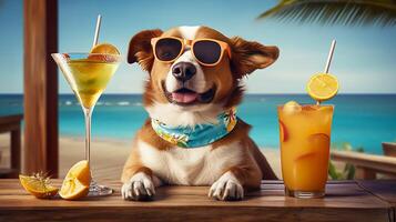 dog in sunglasses with cocktail on the beach. summer vacation concept. photo