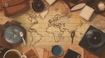 viaje y vacaciones concepto. parte superior ver de mundo mapa con viaje artículos foto