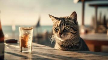 Cat with a glass of whiskey on the terrace of a restaurant photo