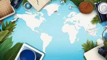 viaje y vacaciones concepto. parte superior ver de mundo mapa con viaje artículos foto