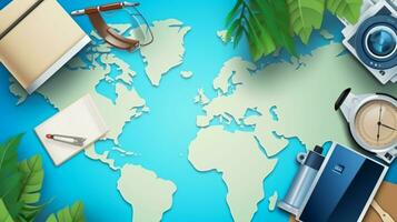 Travel and vacation concept. Top view of world map with travel items photo