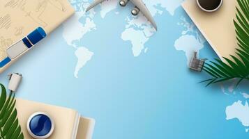 Travel and vacation concept. Top view of world map with travel items photo