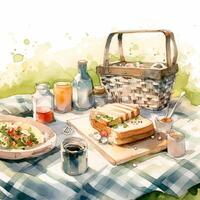 Picnic. Watercolor hand drawn illustration. Picnic food and drinks photo