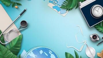 Travel and vacation concept. Top view of world map with travel items photo