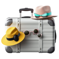 Traveling Suitcase with hat and glasses on transparent background png