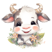 Cute cartoon cow sitting on a transparent background, png