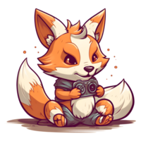 cute red fox sitting and playing with a gamepad isolated on transparent background, png