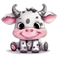 Cute cartoon cow sitting on a transparent background, png