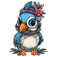 Cute cartoon blue bird with flowers and leaves on transparent background, png