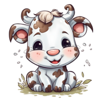 Cute cartoon cow sitting on a transparent background, png