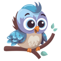 Cute cartoon blue bird with flowers and leaves on transparent background, png