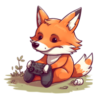 cute red fox sitting and playing with a gamepad isolated on transparent background, png