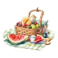 Picnic basket with food. Watercolor hand drawn illustration on transparent background png